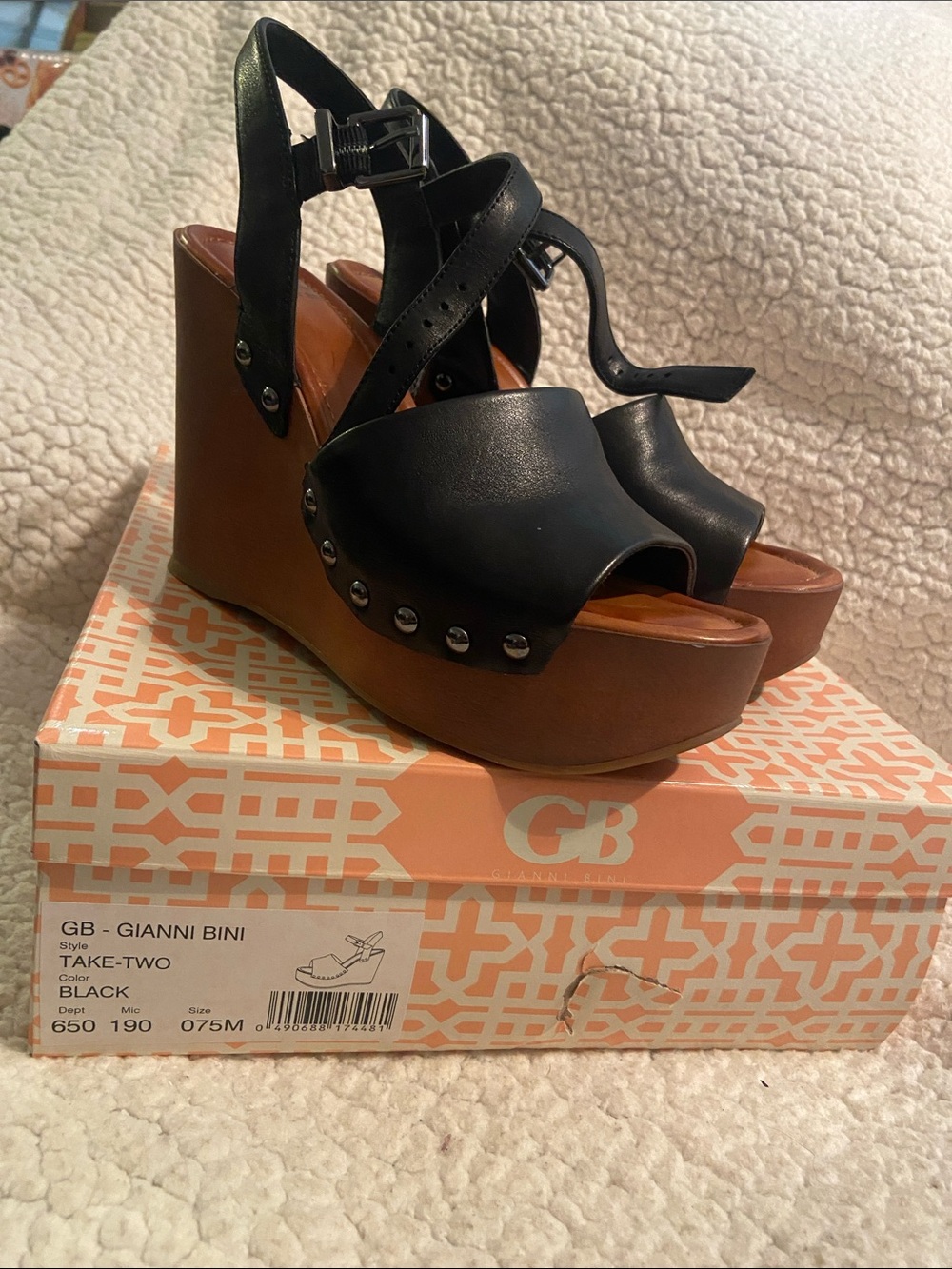 Gianni Bini Black Leather Studded Platform Wedge Sandals